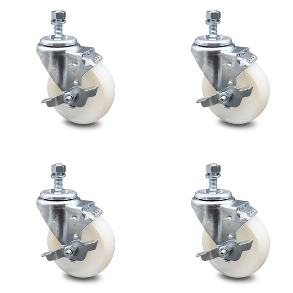 4 Inch Nylon Wheel Swivel 12mm Threaded Stem Caster Set with Brake SCC
